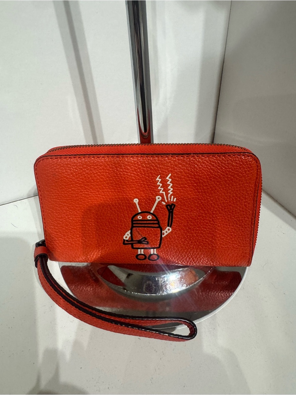 Coach & Keith Haring Red Pebble Leather Zip Wristlet with Robot Motif